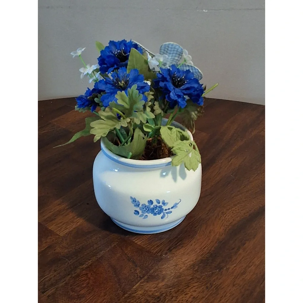 Vintage Blue and White Floral Ceramic Vase with Faux Cornflowers and Butterfly